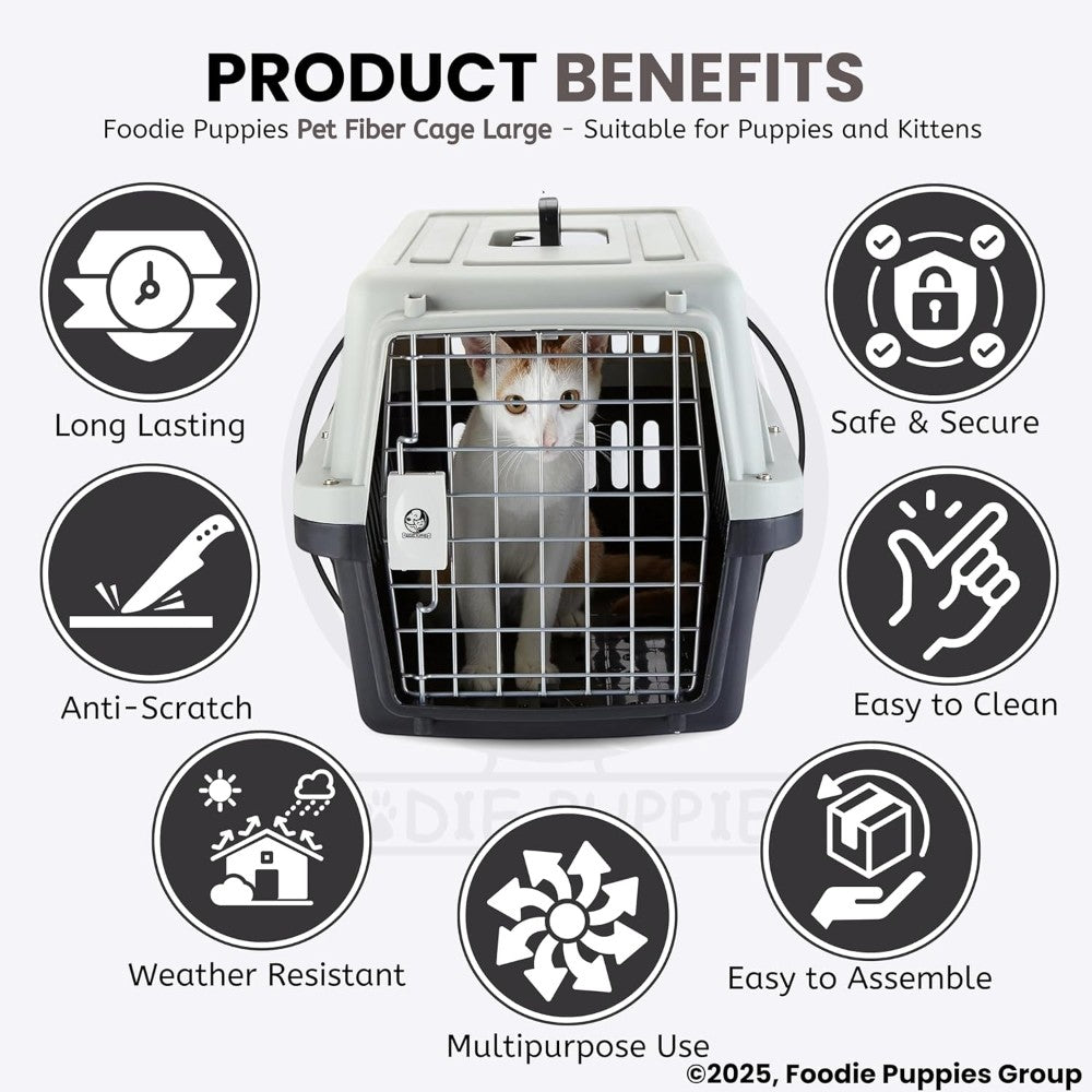 Pet fiber cage with a cat inside, surrounded by icons and text highlighting product benefits.