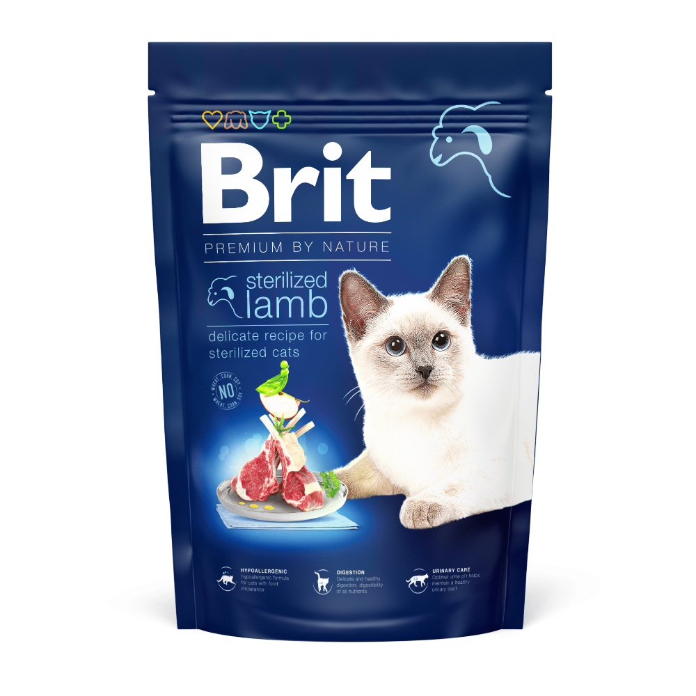 Bag of Brit cat food with a cat on the label on a white background