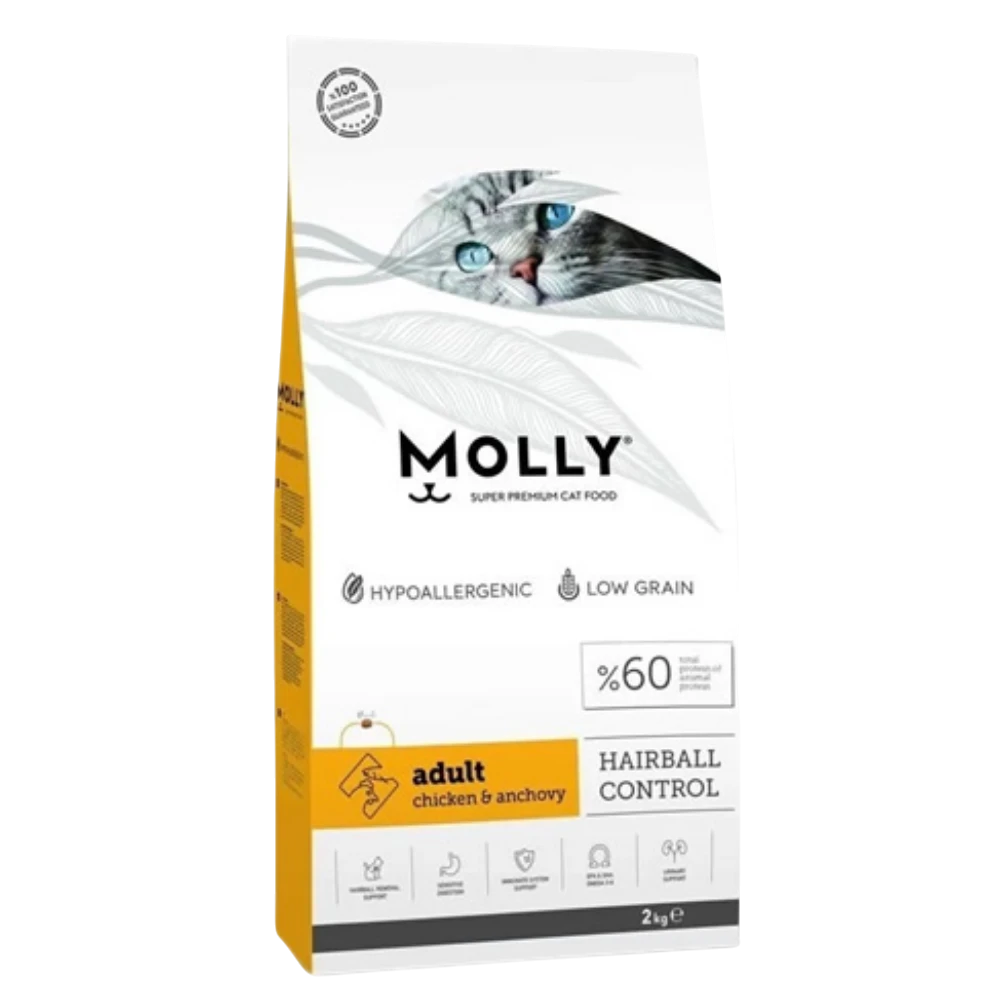 Molly cat food package with a cat's face on the packaging