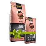 Two packages of Bixxano Joker dog food with a green bow on a white background