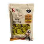Package of Rich High Protein Chicken Meaty Treats for dogs on a white background