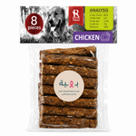 A package of dog treats containing 8 pieces, shown in a clear plastic bag with a printed header card. The header card features a black-and-white photo of a dog, nutritional analysis text, and branding.