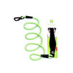 Green pet leash with coiled design and packaging on a white background