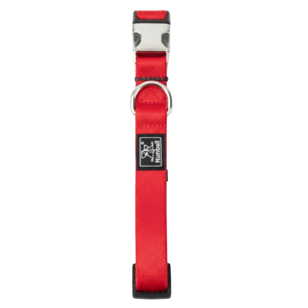 Red dog collar with a brand logo on a white background