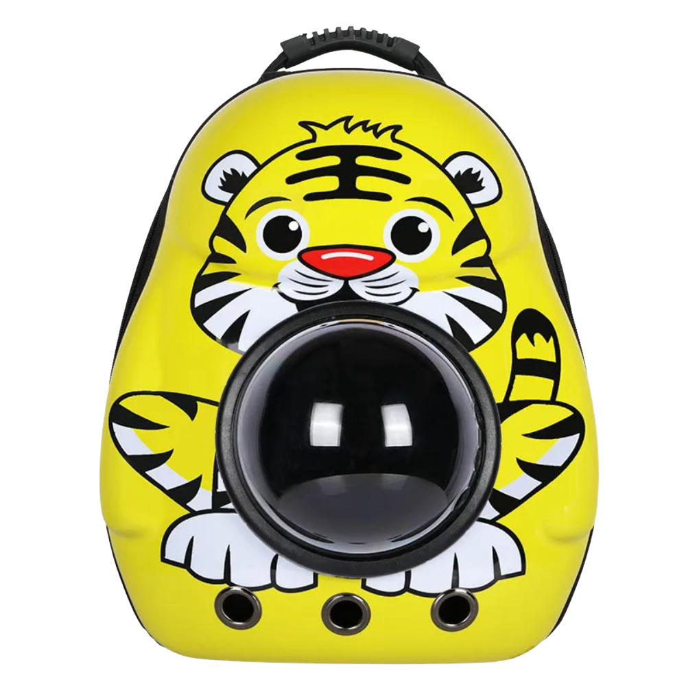 Pet carrier with a tiger design on a yellow background