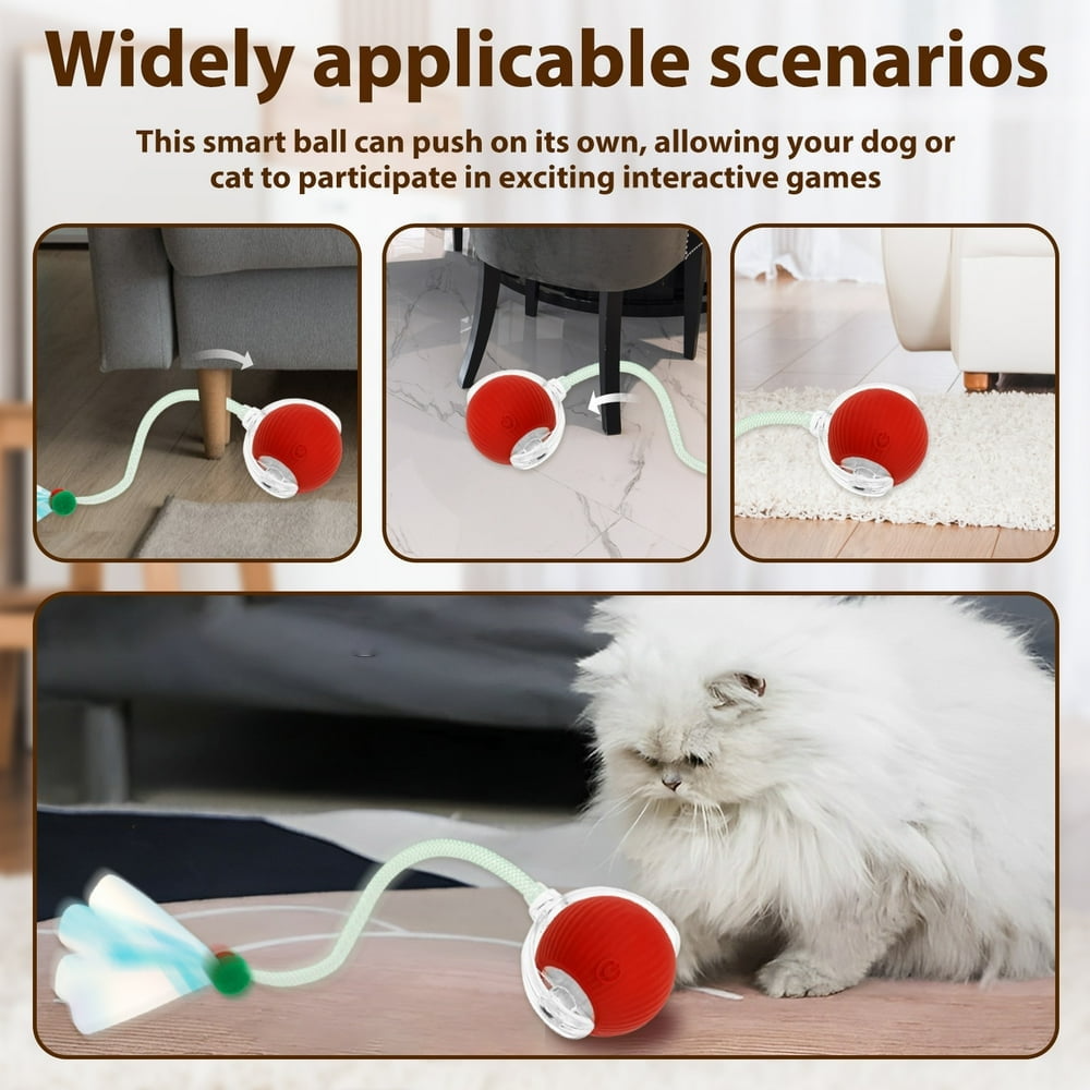 Smart ball toy for pets with text on its applicability and features, shown in various settings.