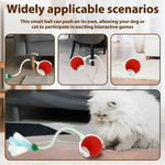 Smart ball toy for pets with text on its applicability and features, shown in various settings.