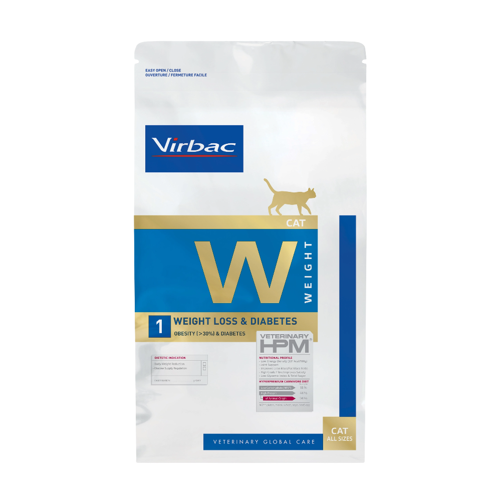 Bag of Virbac cat food for weight loss and diabetes on a white background