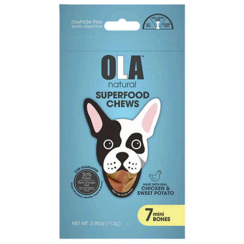 Package of OLA natural Superfood Chews for dogs with a blue background