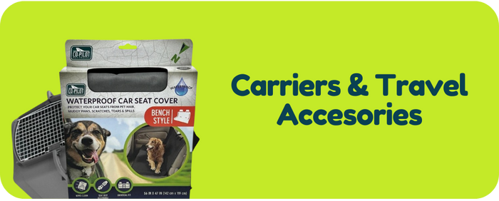 Dog car seat cover packaging with a green banner displaying 'Carriers & Travel Accessories'.