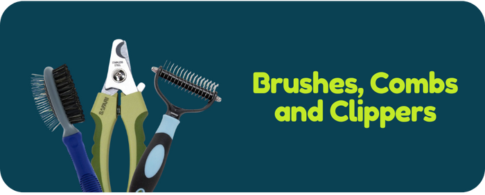 Set of grooming tools including brushes, combs, and clippers on a dark green background with text 'Brushes, Combs and Clippers'.