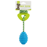 Blue pet toy with a green handle and white packaging on a white background