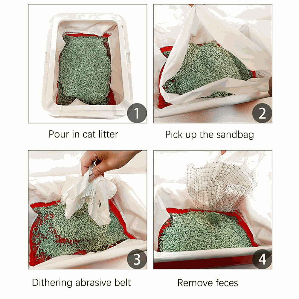 Step-by-step instructions for using a litter box with images of each step.