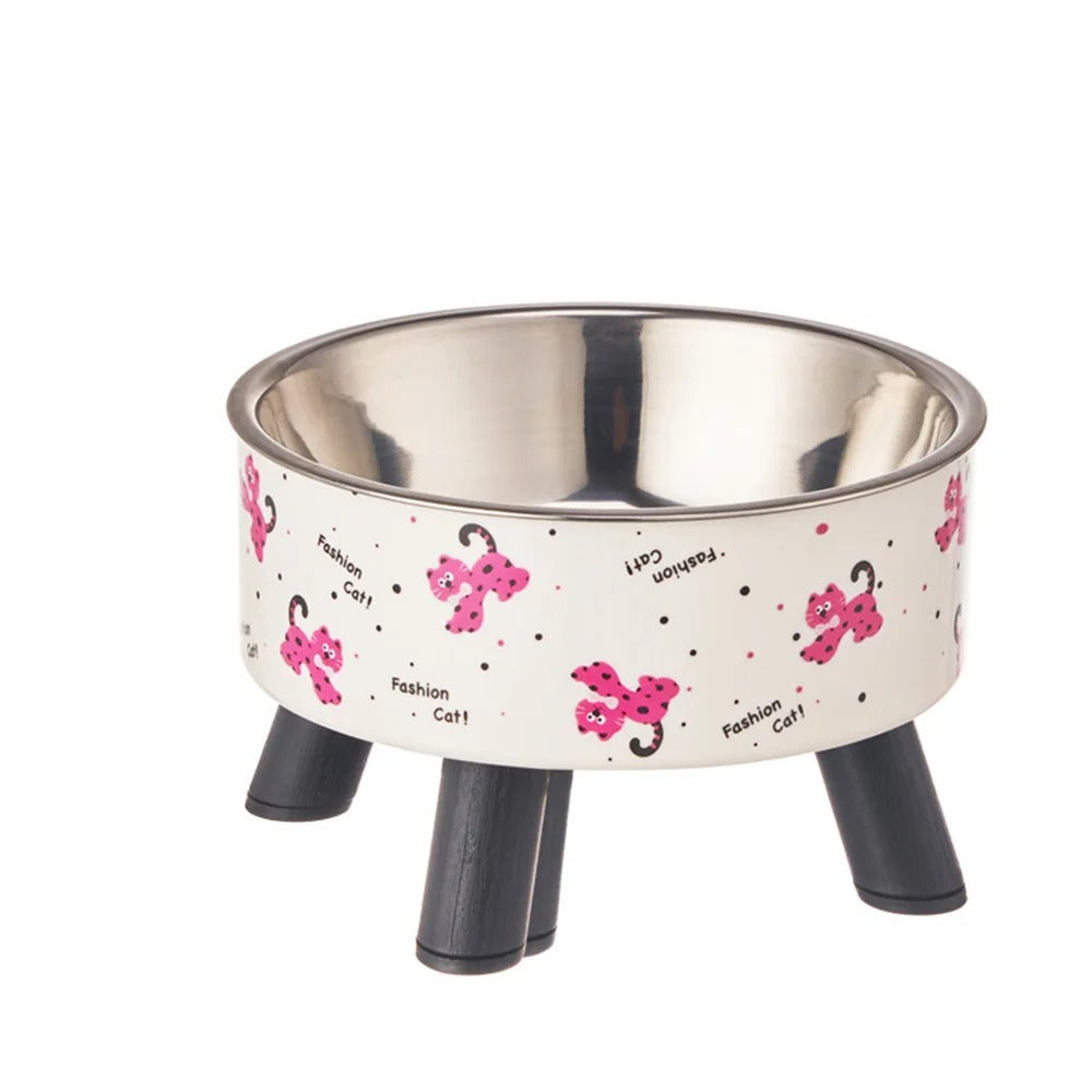 Pet bowl with pink cat illustrations on a white background