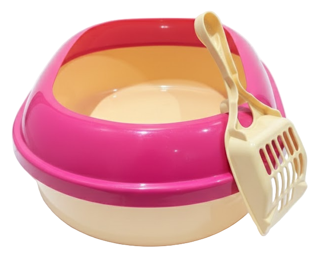 Pink pet litter box with a yellow scoop on a white background