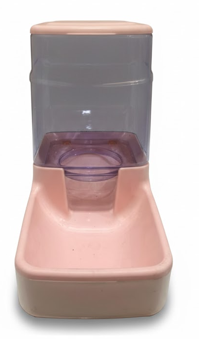 Pink and gray pet feeder on a white background