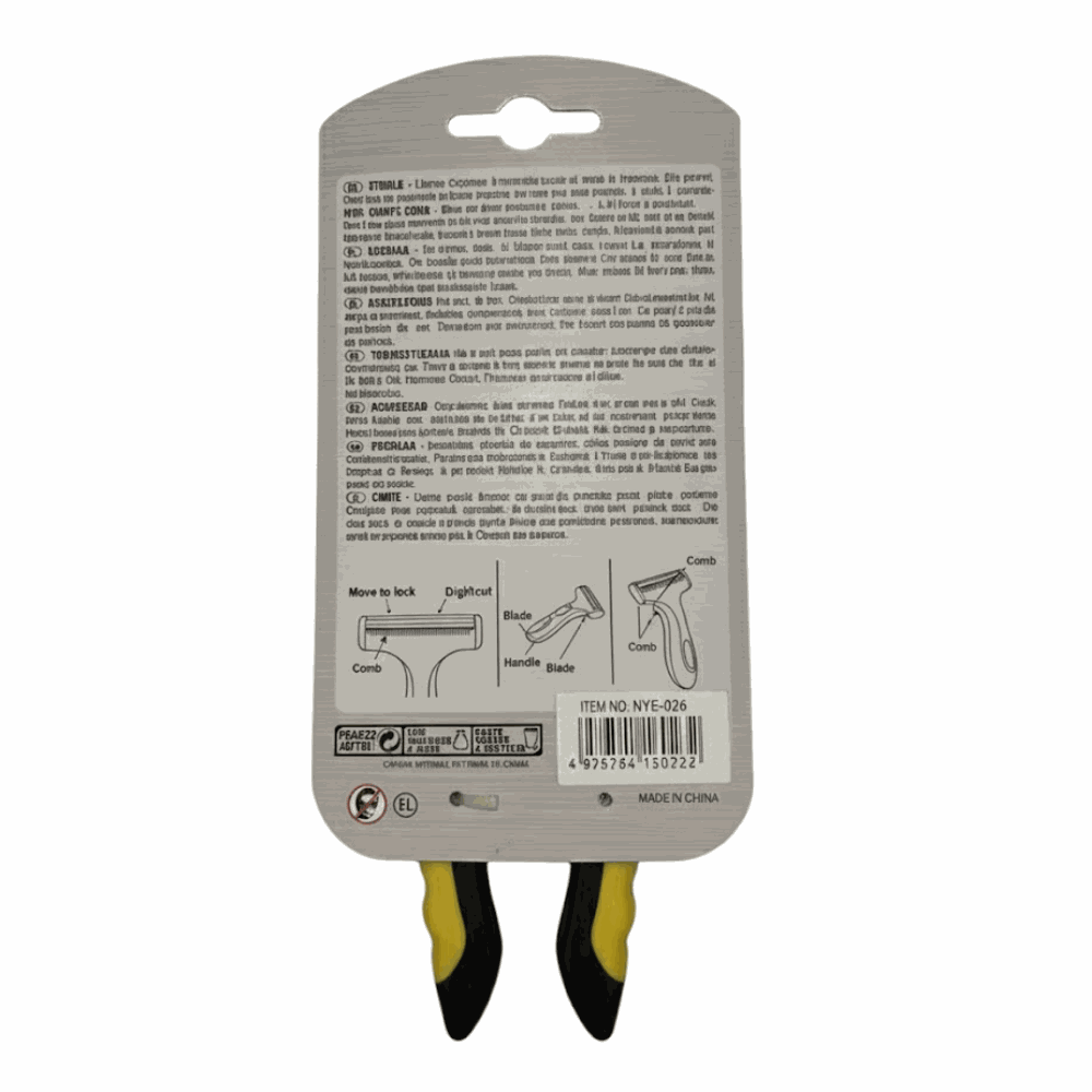 Back view of a hair clipper packaging with text and symbols.