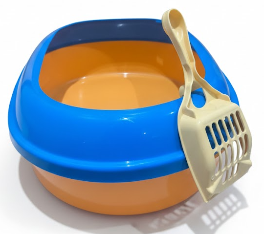 Blue and orange pet food bowl with a scoop on a white background