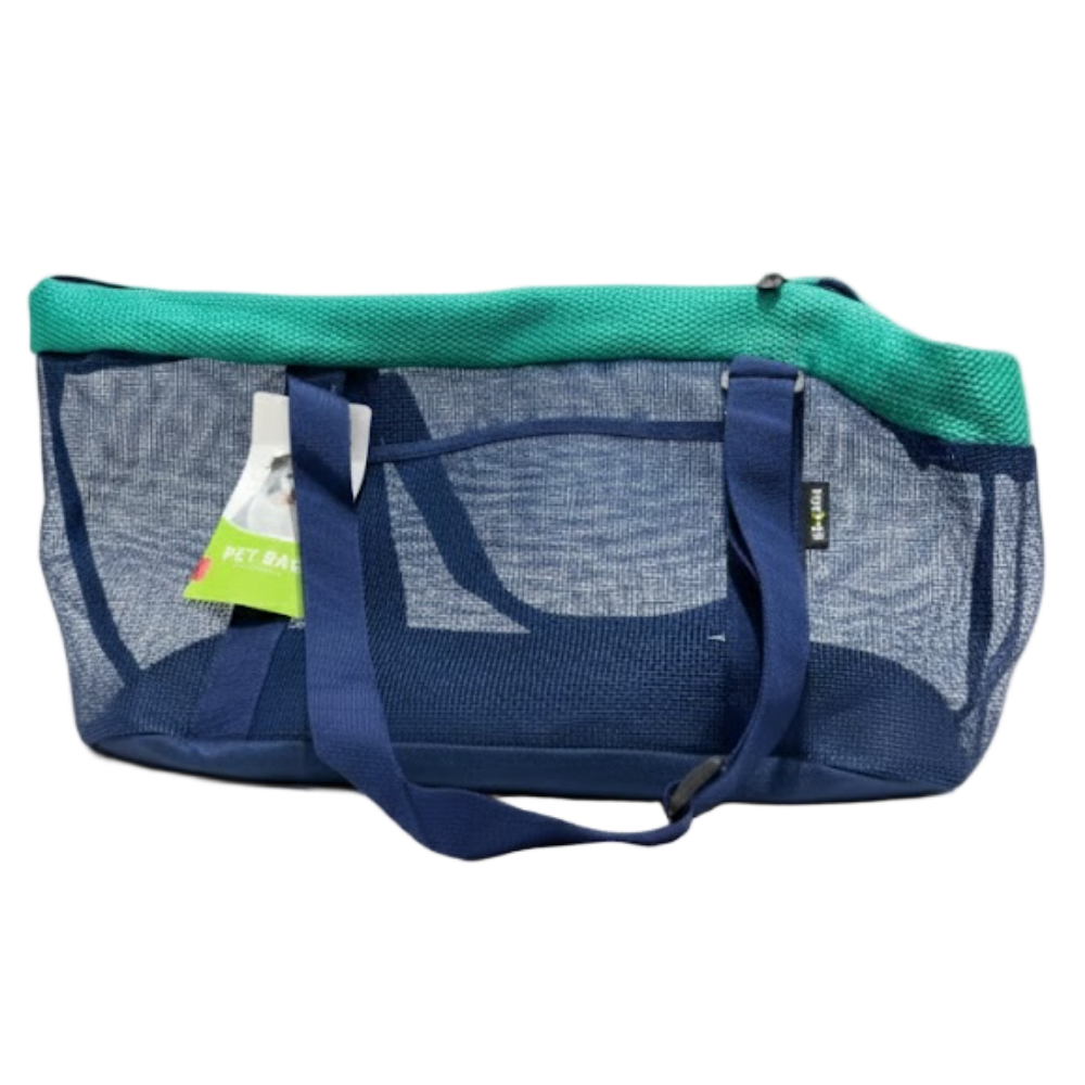 Blue pet carrier with green top on a white background