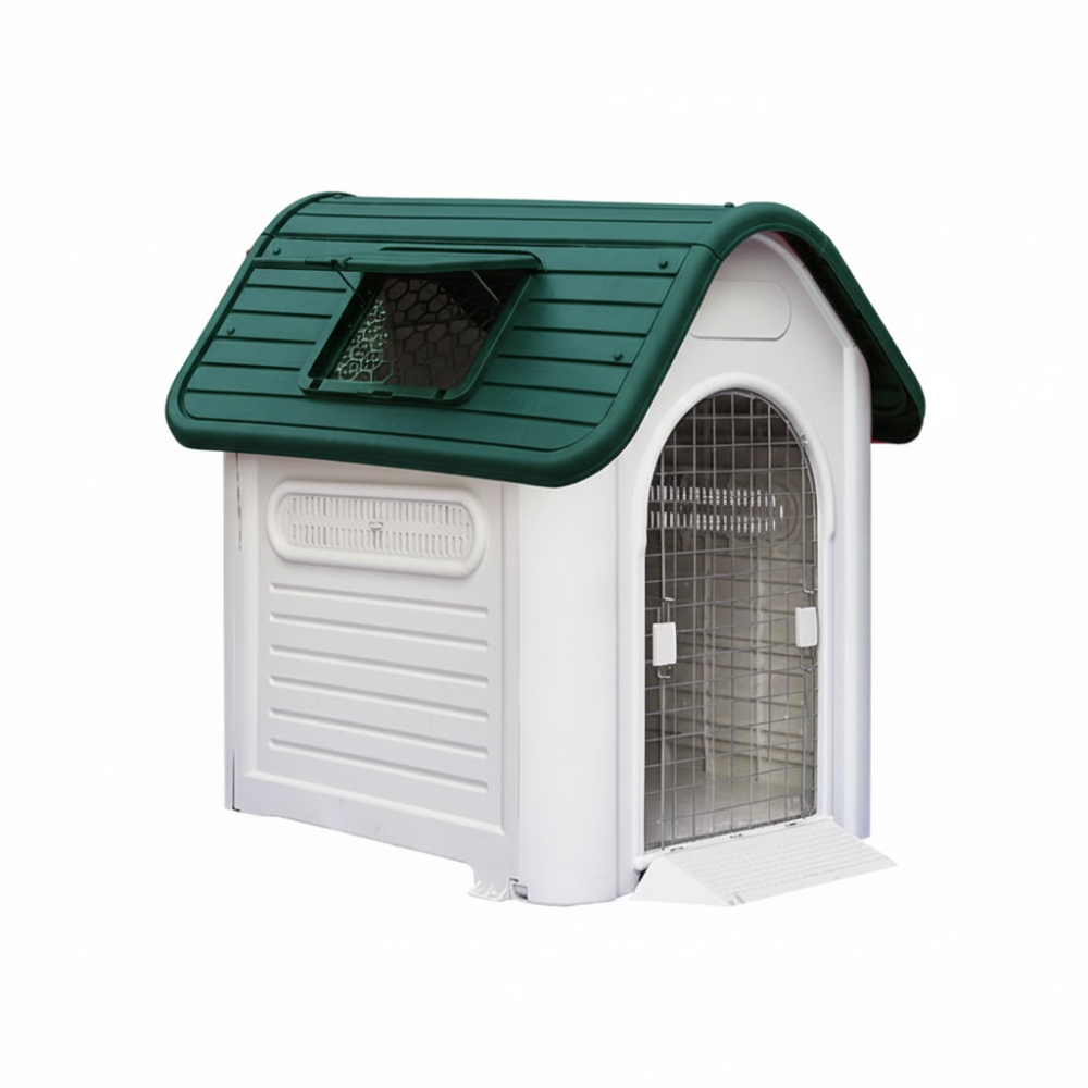 Dog house with green roof and white body on a white background