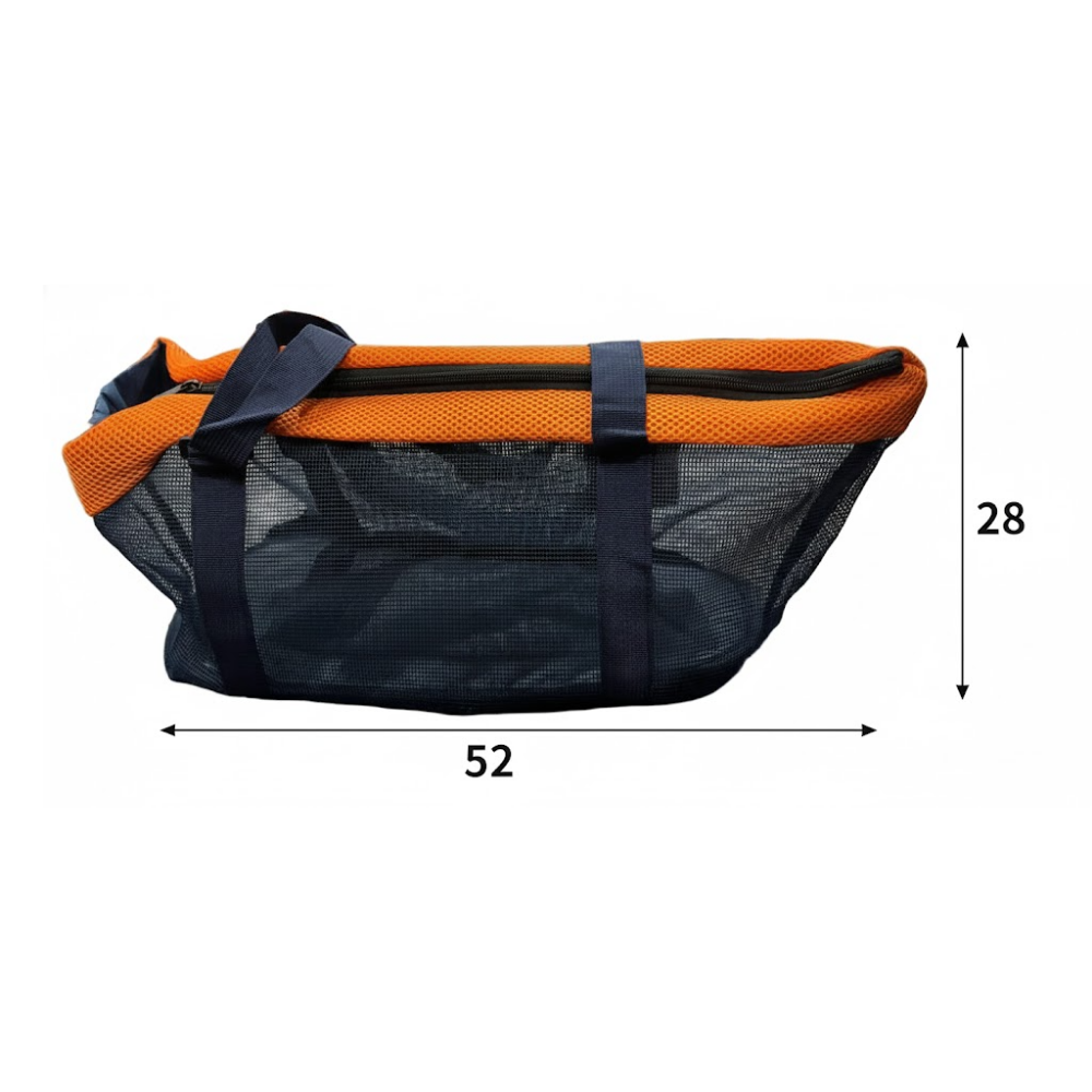 Orange and black pet carrier with dimensions on a white background