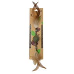 Cat toy with feathers and a ball on a cardboard backing
