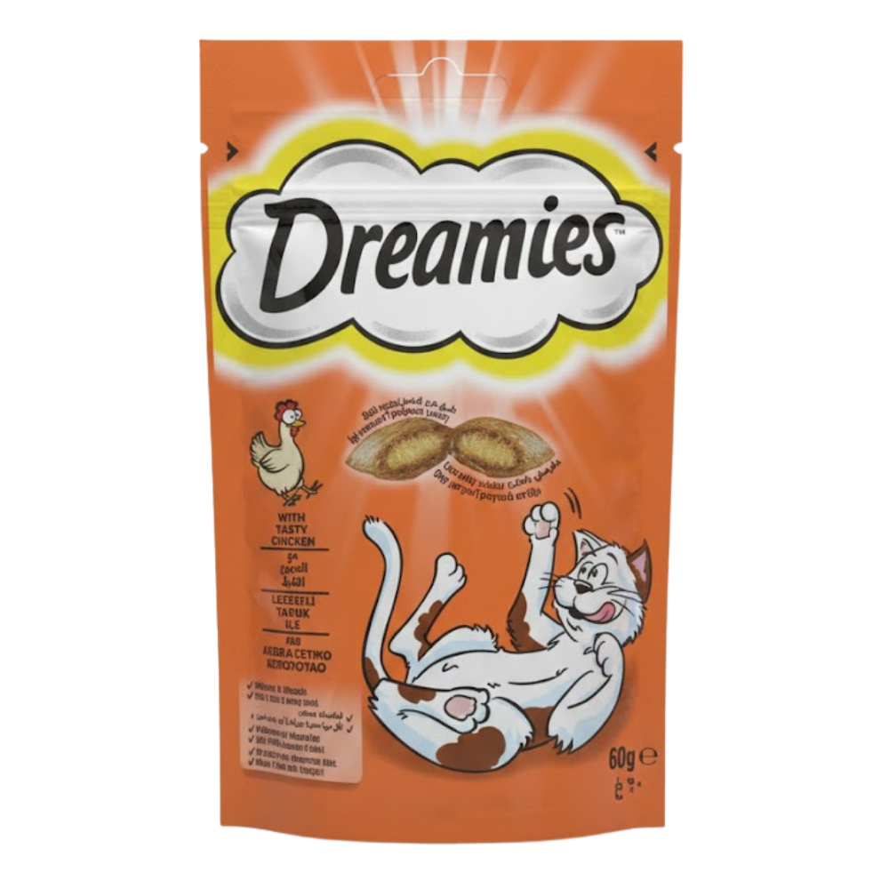 Dreamies cat treat packaging with a cartoon cat and chicken illustration on an orange background