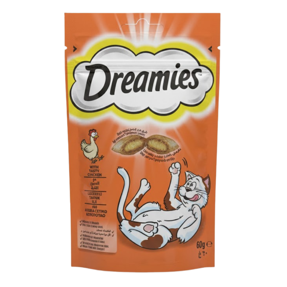 Dreamies cat treat packaging with a cartoon cat and chicken illustration on an orange background