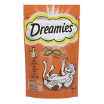 Dreamies cat treat packaging with a cartoon cat and chicken illustration on an orange background