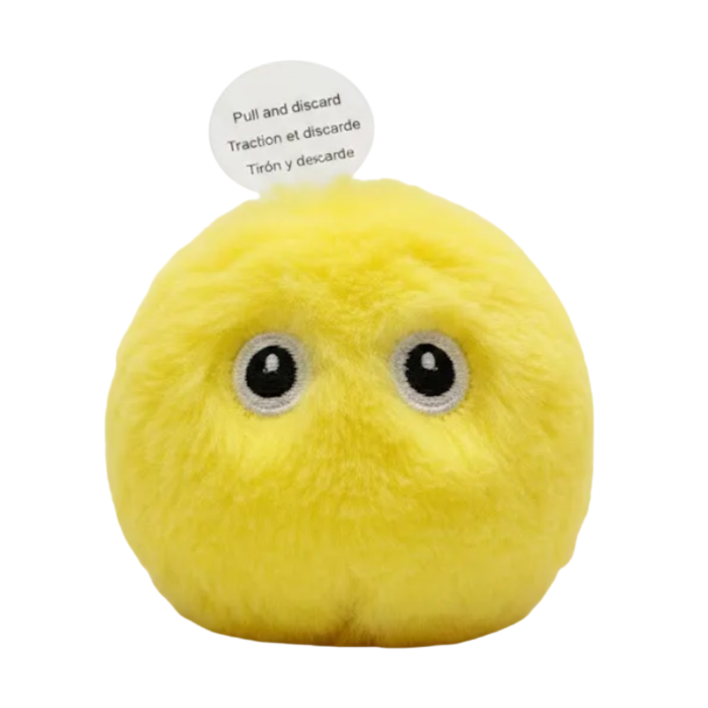 Yellow plush toy with black eyes and a label on a white background