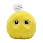 Yellow plush toy with black eyes and a label on a white background