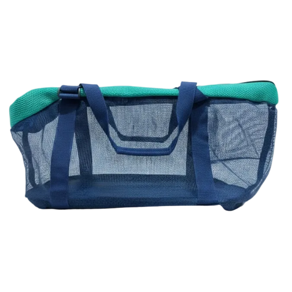 Blue pet carrier with green top on a white background