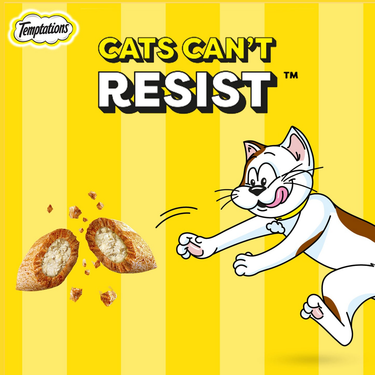 Temptations cat food packaging with cartoon cat and text 'Cats Can't Resist' on a yellow background