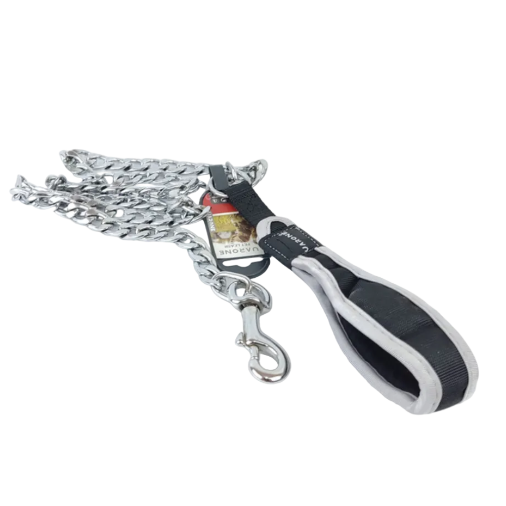 Dog leash with chain and black handle on a white background
