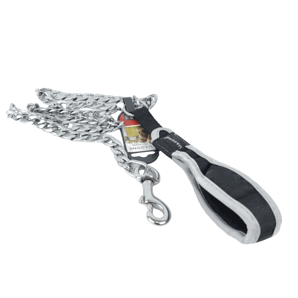 Dog leash with chain and black handle on a white background