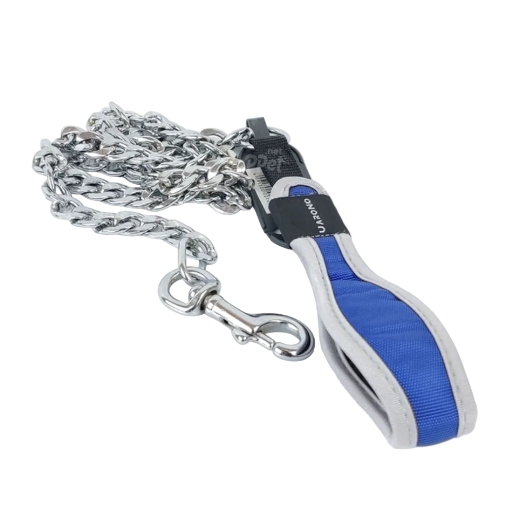 Dog leash with blue handle and silver chain on a white background