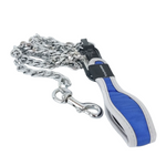 Dog leash with blue handle and silver chain on a white background