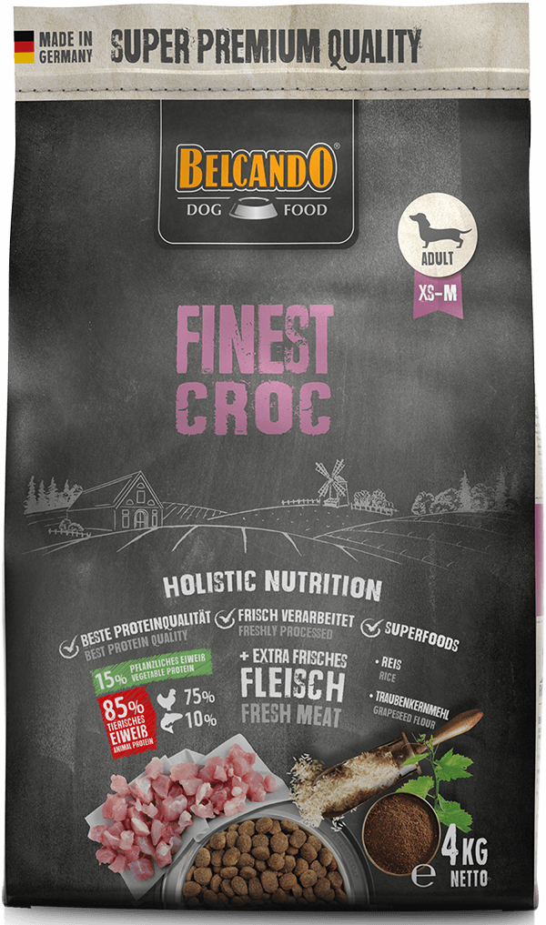 Belcando dog food package with black background and branding details.