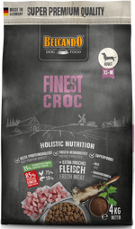 Belcando dog food package with black background and branding details.