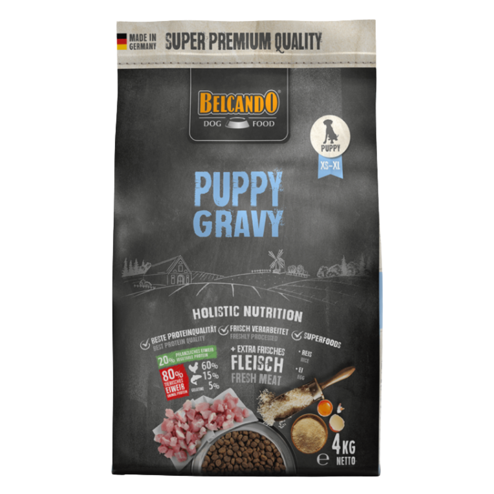 Belcando Puppy Gravy dog food package on a white background