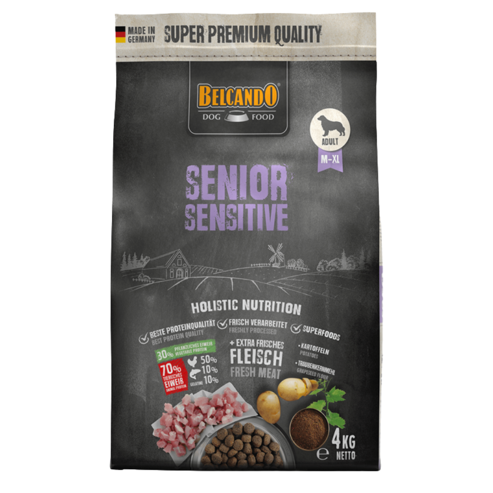 Belcando senior sensitive dog food package on a gray background