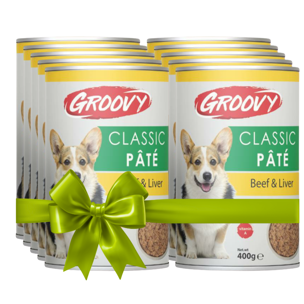 Groovy Classic Páté dog food tins with a green bow on a white background