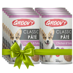 Groovy Classic Páté dog food cans with a green bow on a white background