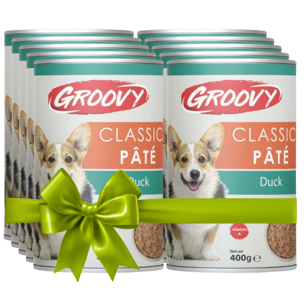 Groovy Classic Páté dog food tins with a green bow on a white background