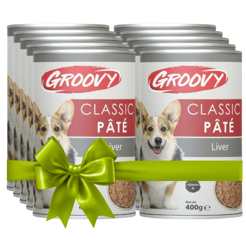 Groovy Classic Páté dog food tins with a green bow on a white background