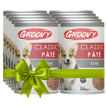 Groovy Classic Páté dog food tins with a green bow on a white background
