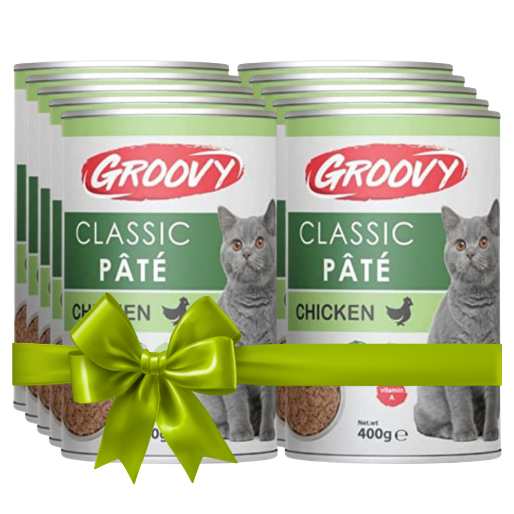 Groovy Classic Páté chicken cat food tins with a green bow on a white background