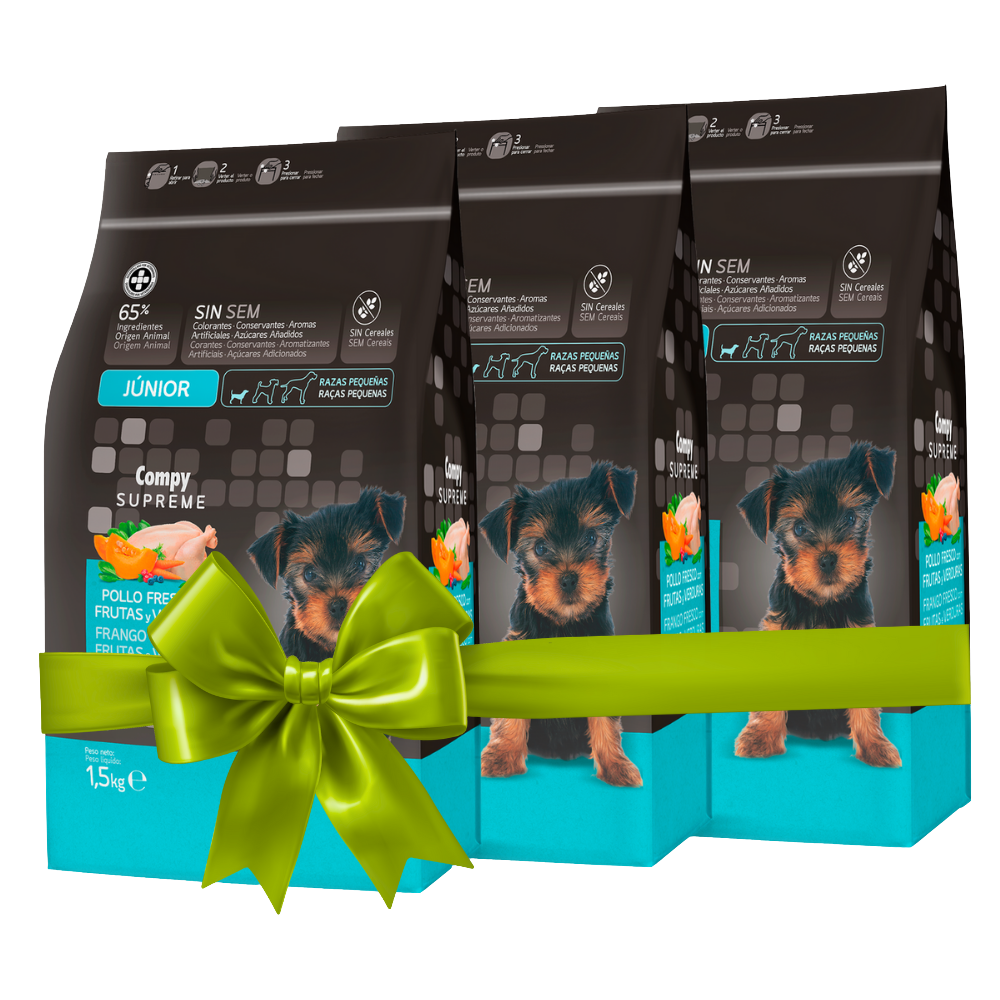 Three packages of dog food with a green bow on a white background
