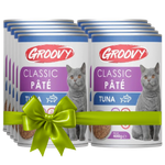 Groovy Classic Páté tuna cat food tins with a green bow on a white background