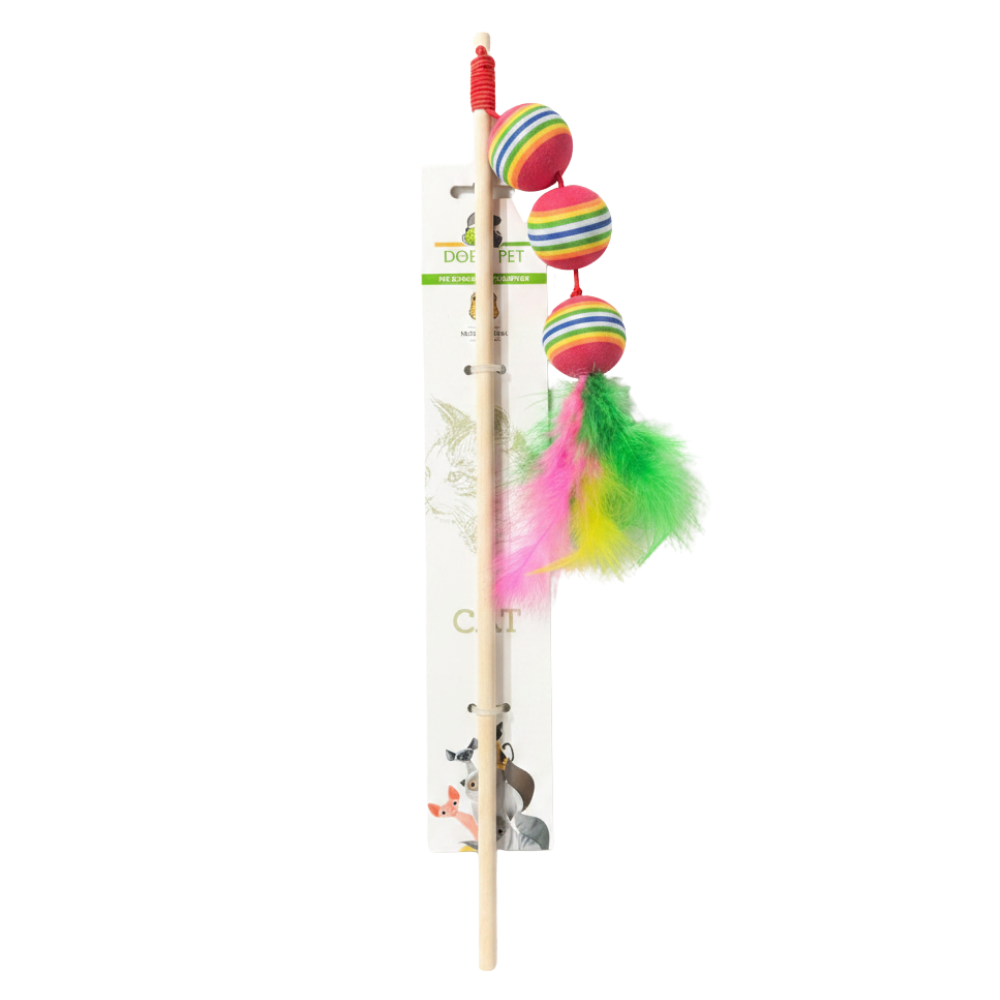 Doby Pet Cat Wand Toy with Striped Balls & Feathers